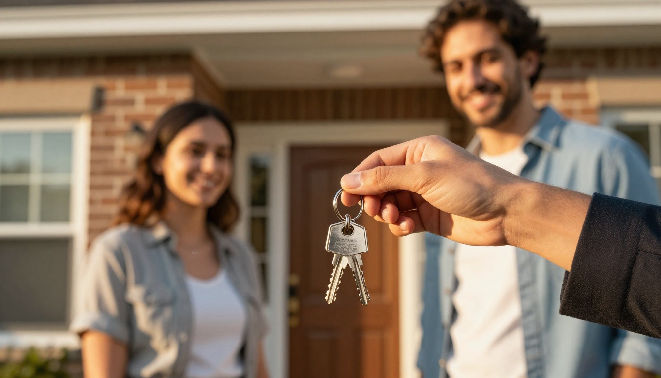 A real estate agent handing house keys to a smiling couple at a home entrance A real estate agent handing house keys to a smiling couple at a home entrance