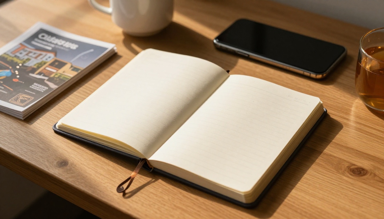 Desk with notebook, phone and brochure at golden hour