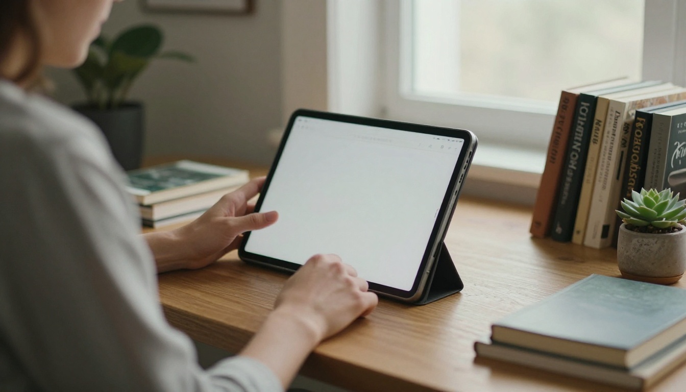 A person reading an interactive publication on a tablet in a home office A person reading an interactive publication on a tablet in a home office