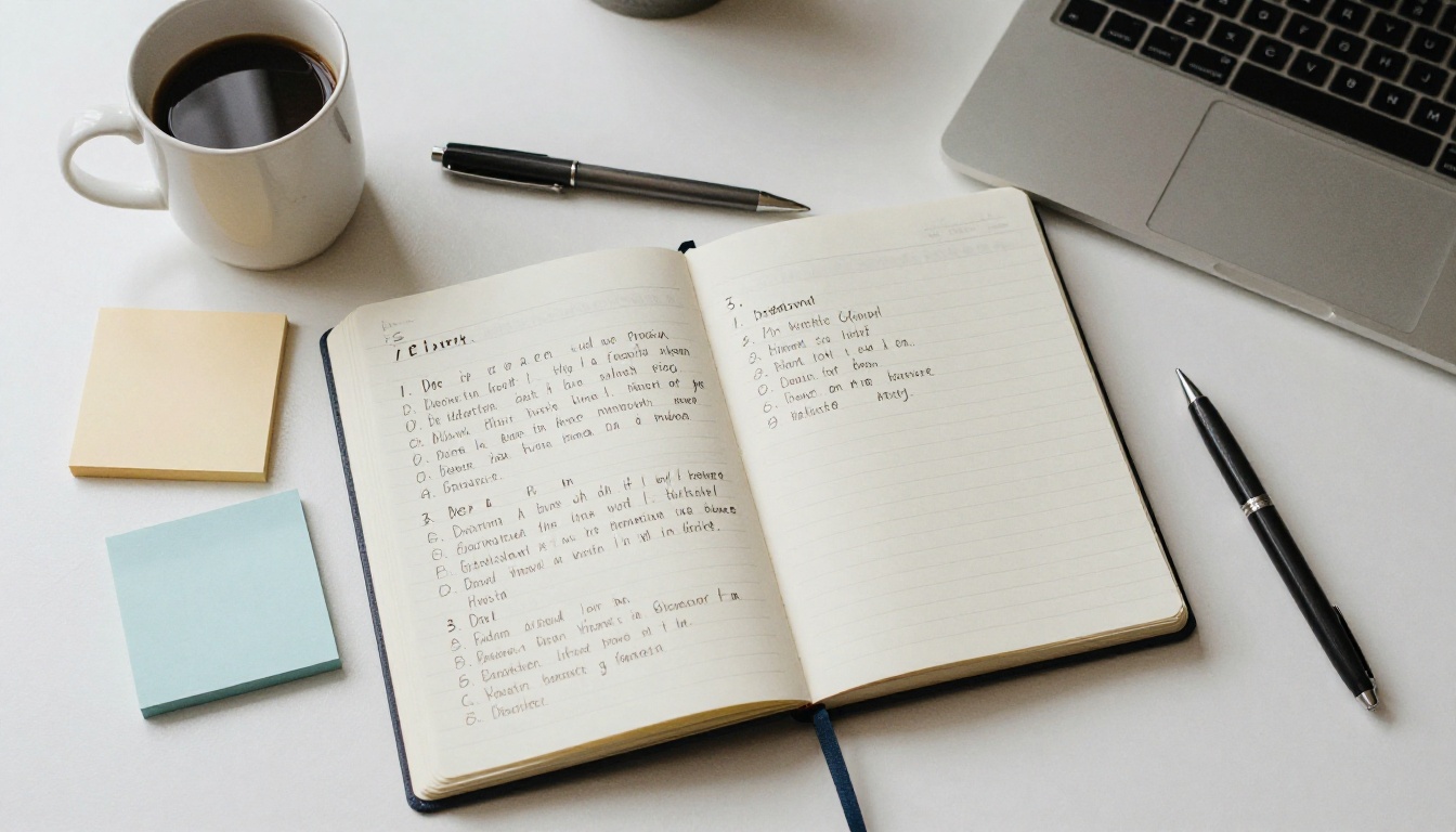 A flat lay of a notebook with subject line ideas, a pen and coffee A flat lay of a notebook with subject line ideas, a pen and coffee