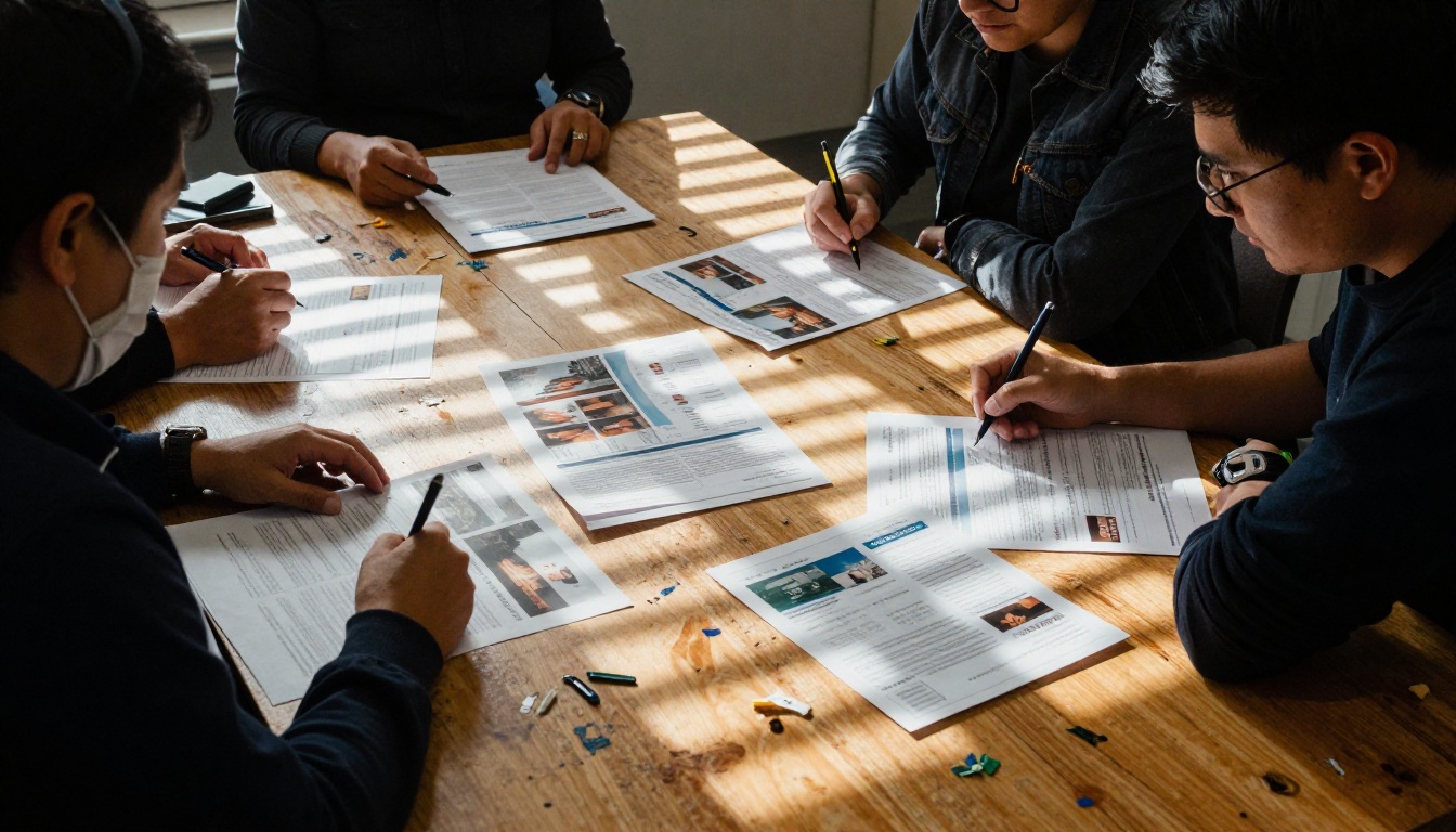 A small nonprofit team gathered around a table with printed report pages A small nonprofit team gathered around a table with printed report pages