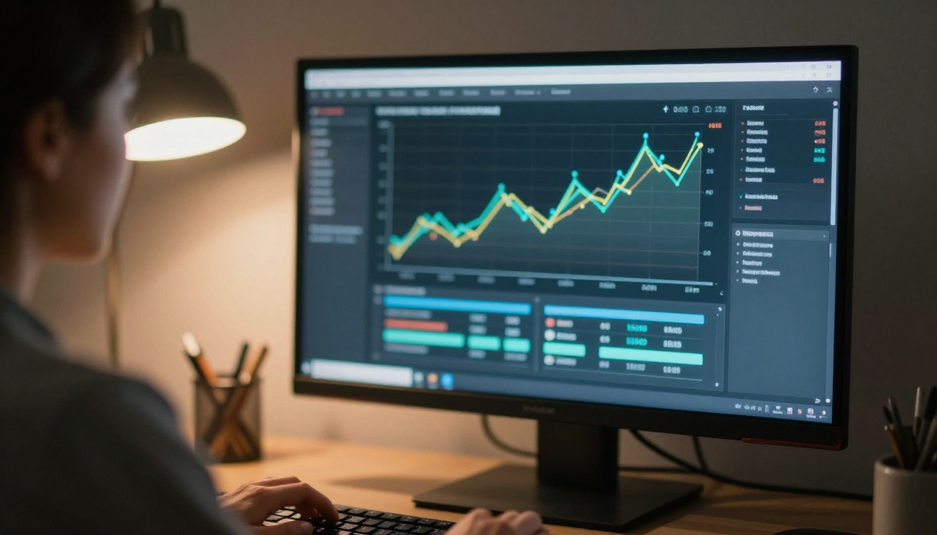 A marketing manager reviewing a blurred analytics dashboard on a large monitor A marketing manager reviewing a blurred analytics dashboard on a large monitor