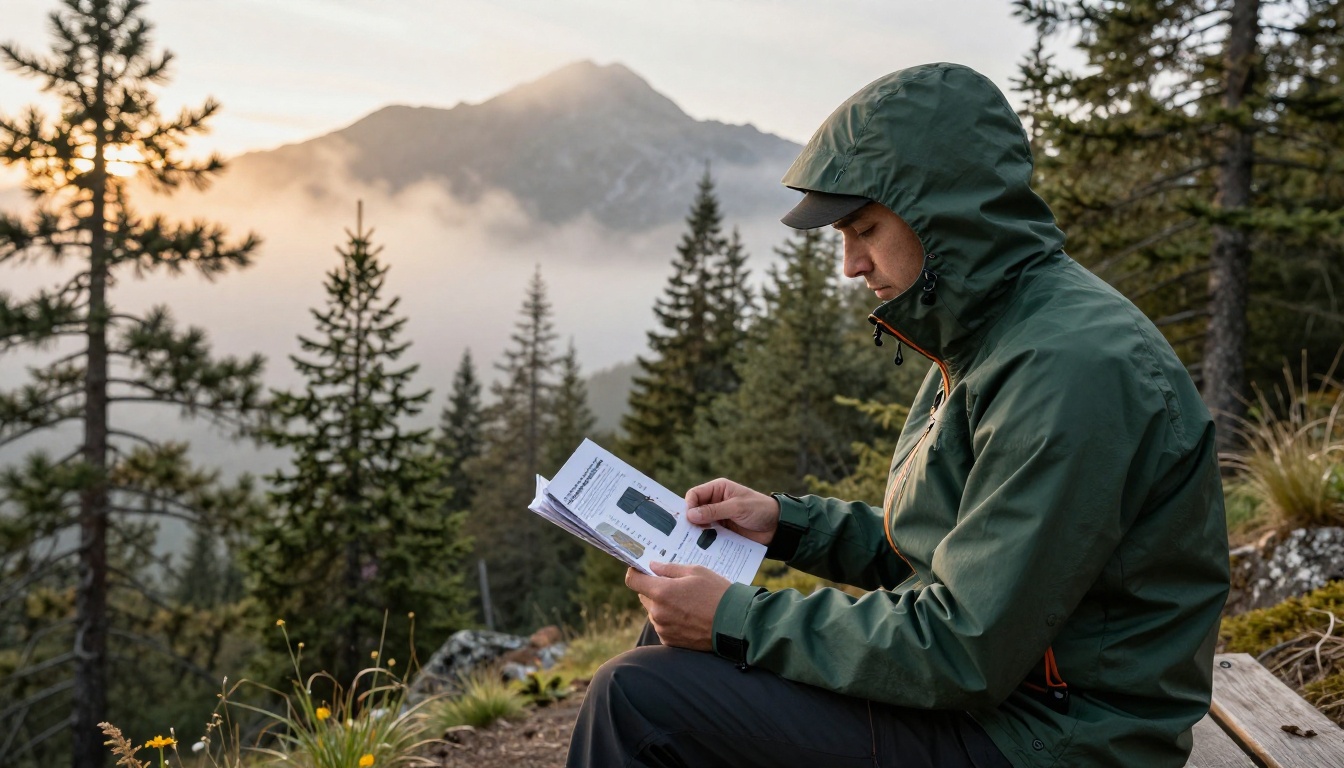 Hiker reading an outdoor gear catalog on a trail bench Hiker reading an outdoor gear catalog on a trail bench