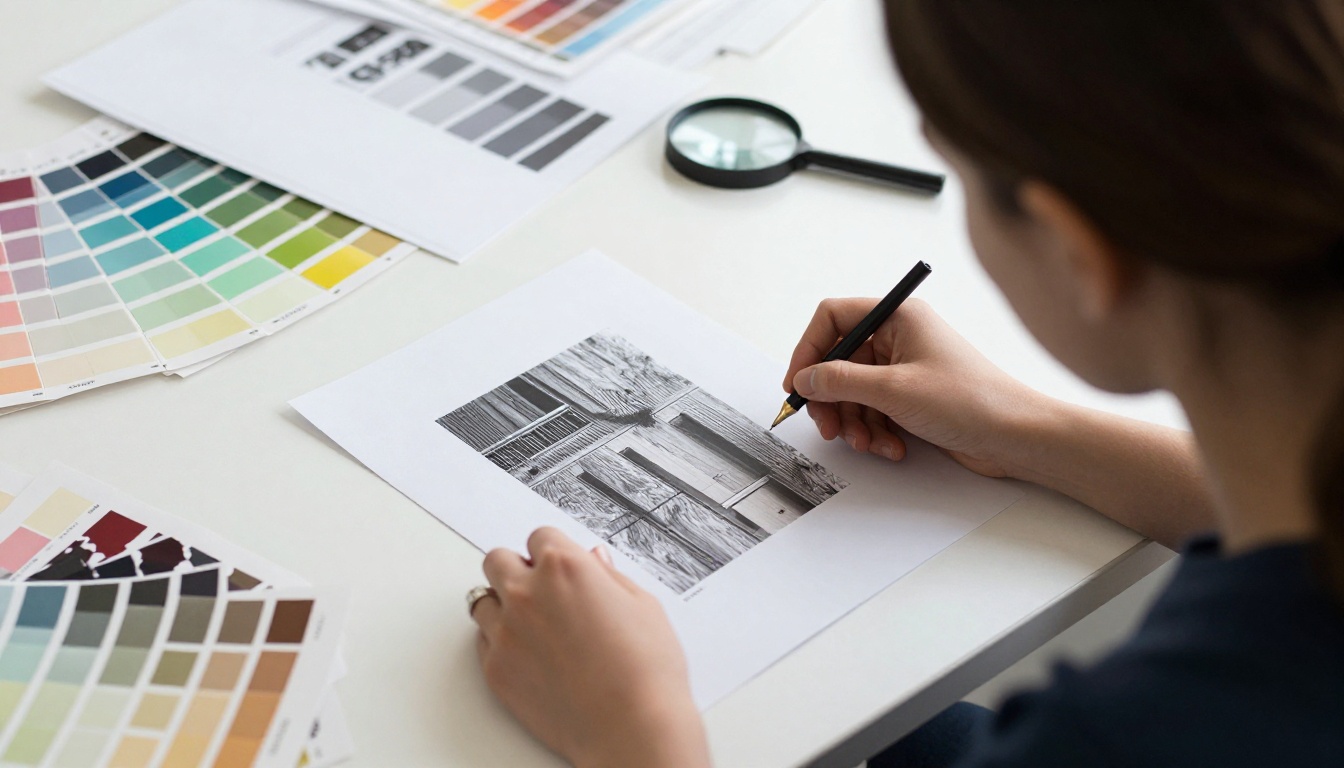 A designer inspecting catalog proofs at a print studio A designer inspecting catalog proofs at a print studio