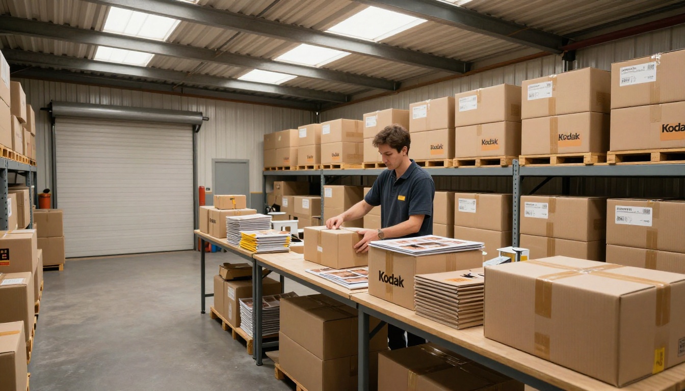 Warehouse worker packing orders beside stacks of catalogs Warehouse worker packing orders beside stacks of catalogs