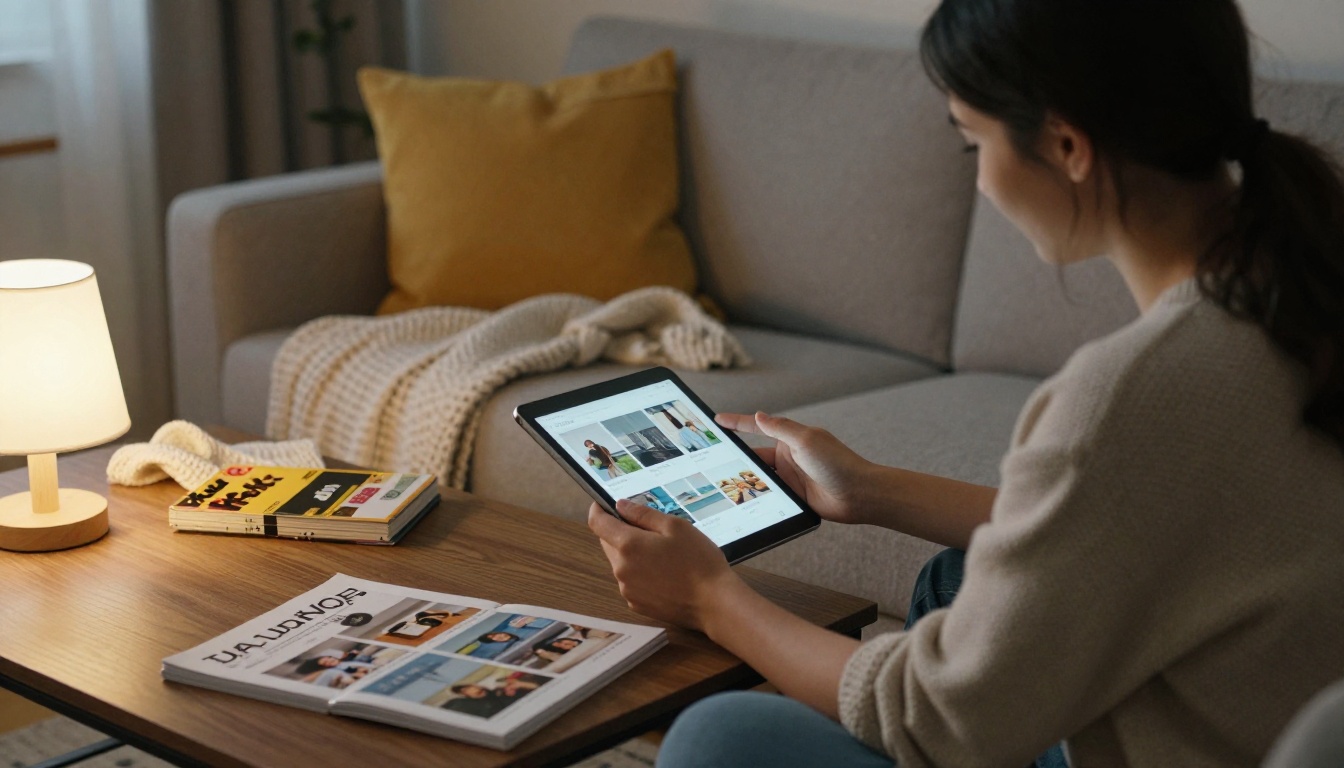 A tablet showing a digital catalog next to a printed one on a coffee table A tablet showing a digital catalog next to a printed one on a coffee table
