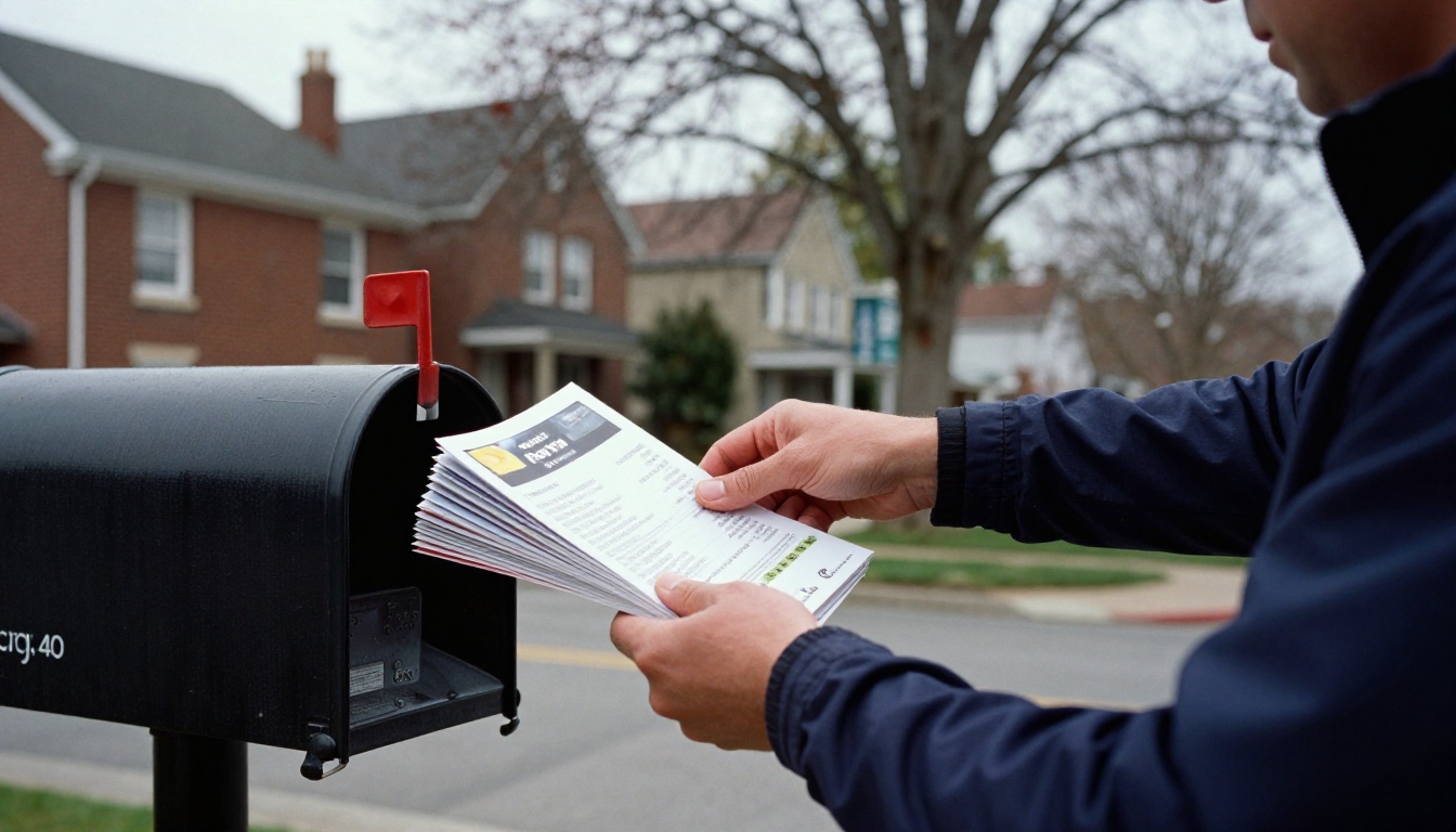 Postal worker placing printed catalogs into a mailbox