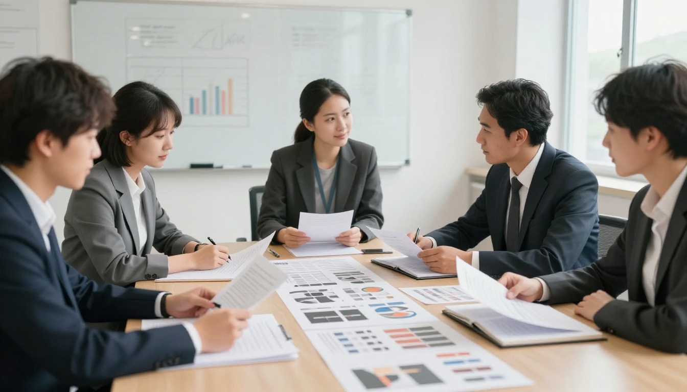 Marketing team reviewing catalog layouts around a table Marketing team reviewing catalog layouts around a table