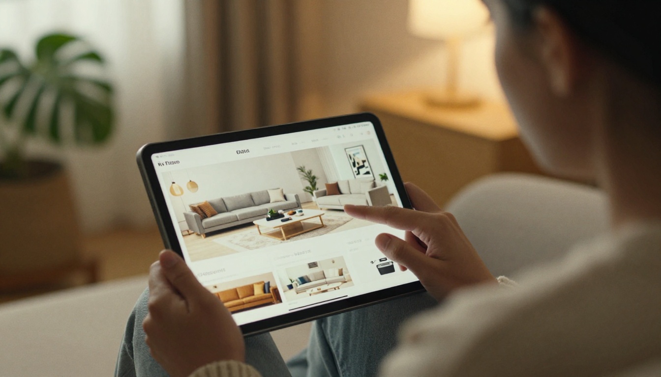 Woman scrolling a digital catalog on a tablet at home