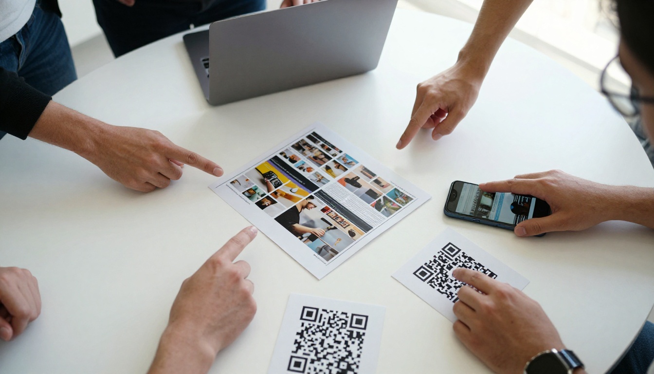 Overhead view of printed catalogs, laptop and phone with QR card