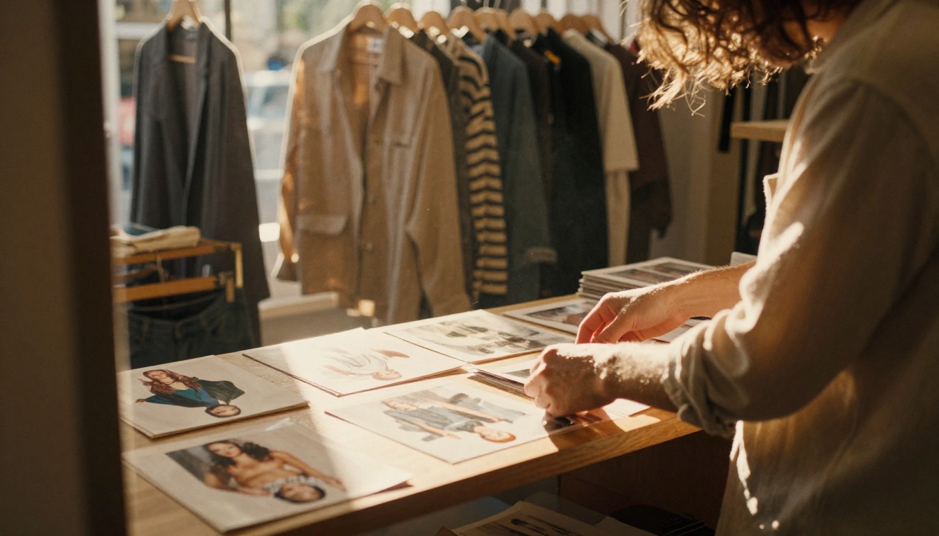 Boutique owner arranging printed fashion catalogs on a shelf