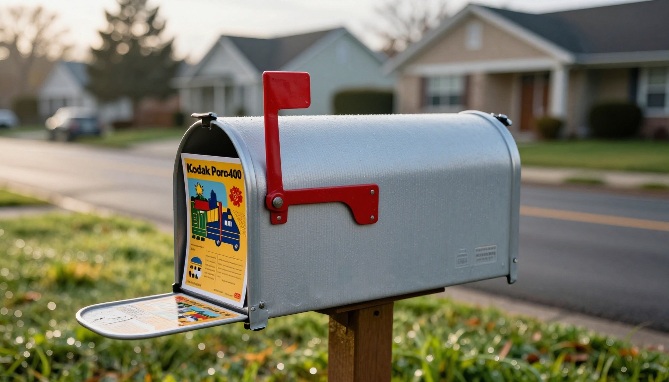 Low-angle view of a mailbox with a colorful postcard sticking out at sunrise Low-angle view of a mailbox with a colorful postcard sticking out at sunrise