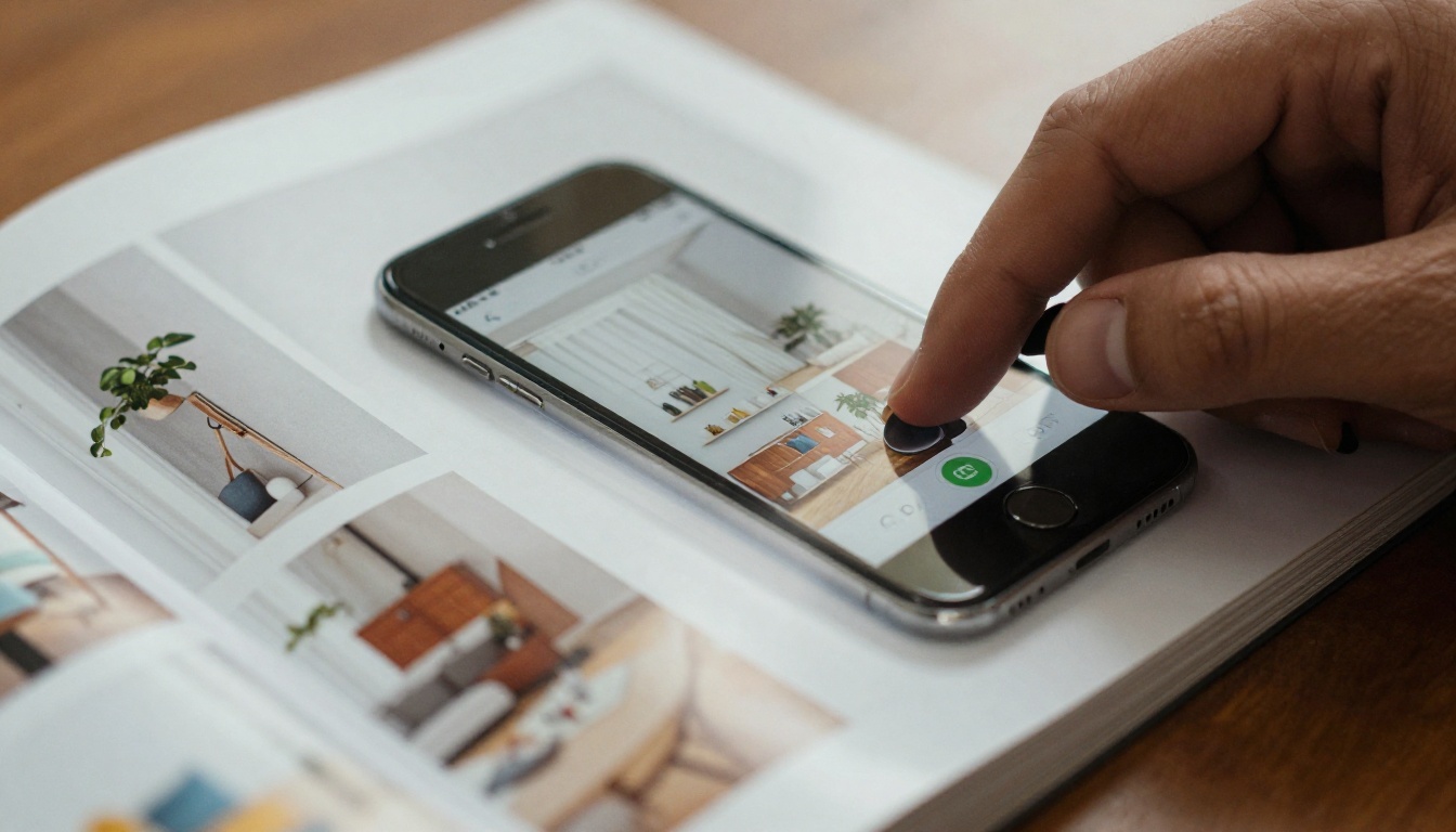 Hand flipping a page of a glossy printed catalog