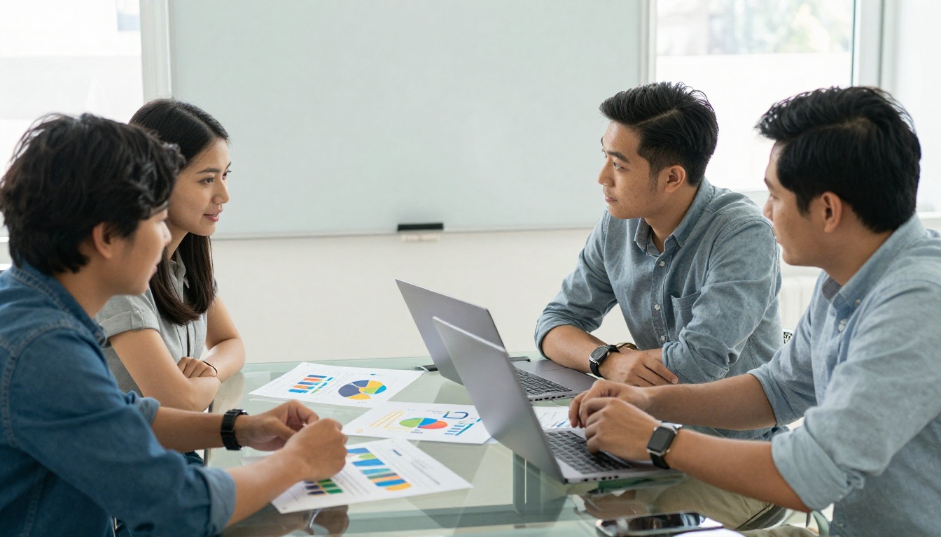 Marketing team reviewing charts and a laptop in a meeting room
