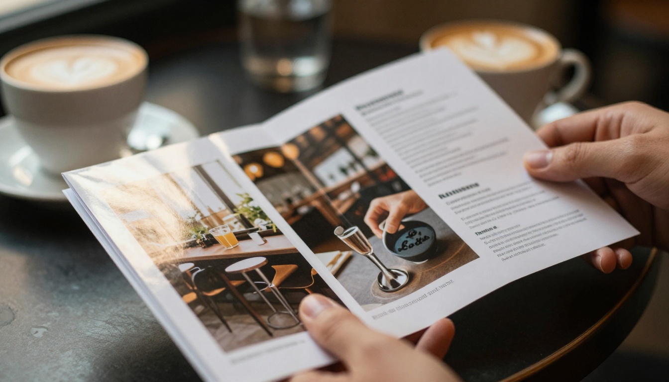 Close-up of hands holding a glossy trifold brochure over a cafe table next to a latte Close-up of hands holding a glossy trifold brochure over a cafe table next to a latte