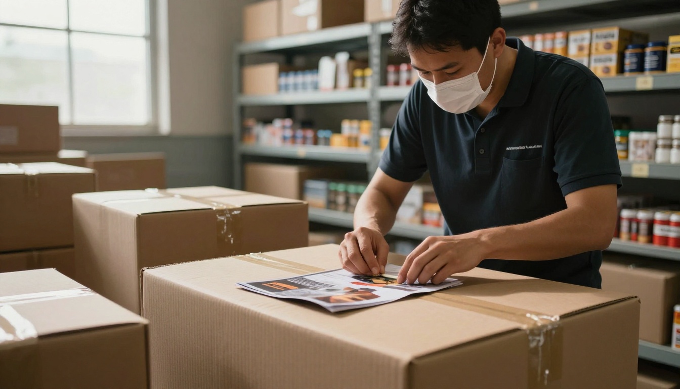 Warehouse worker packing orders with a printed catalog in each box