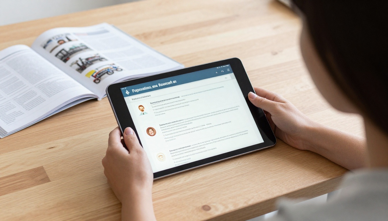 Woman viewing a digital flipbook catalog on a tablet beside a printed catalog Woman viewing a digital flipbook catalog on a tablet beside a printed catalog
