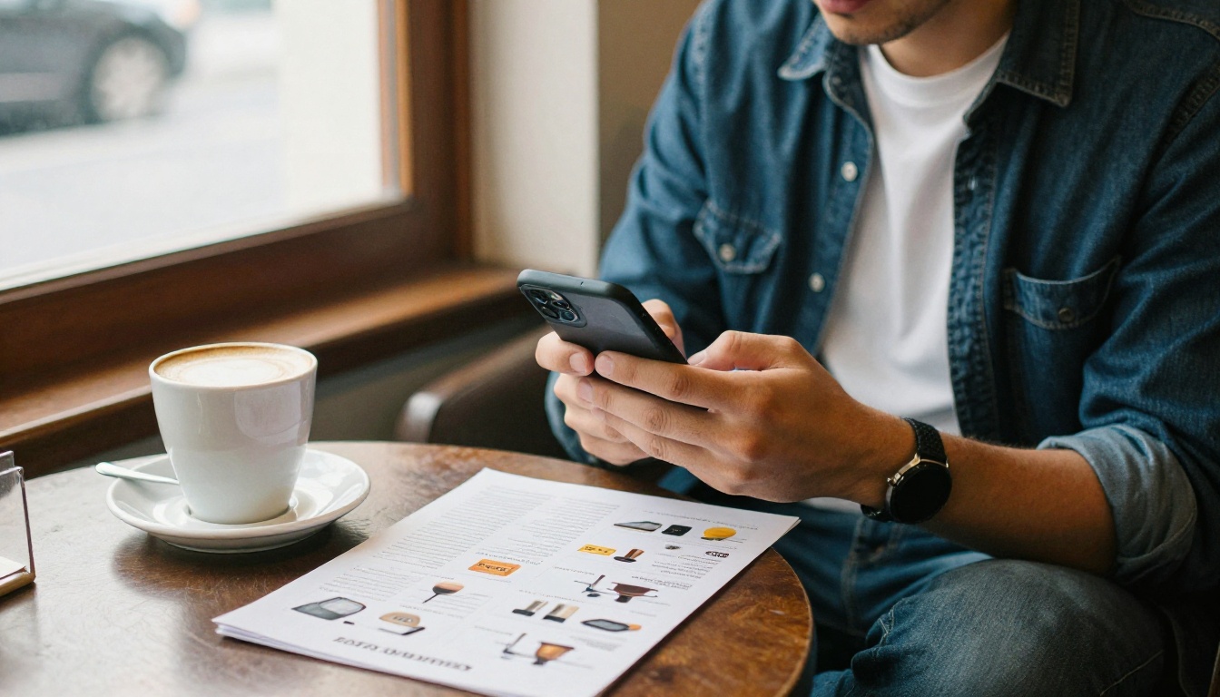 Young man comparing a phone catalog and printed catalog in a cafe