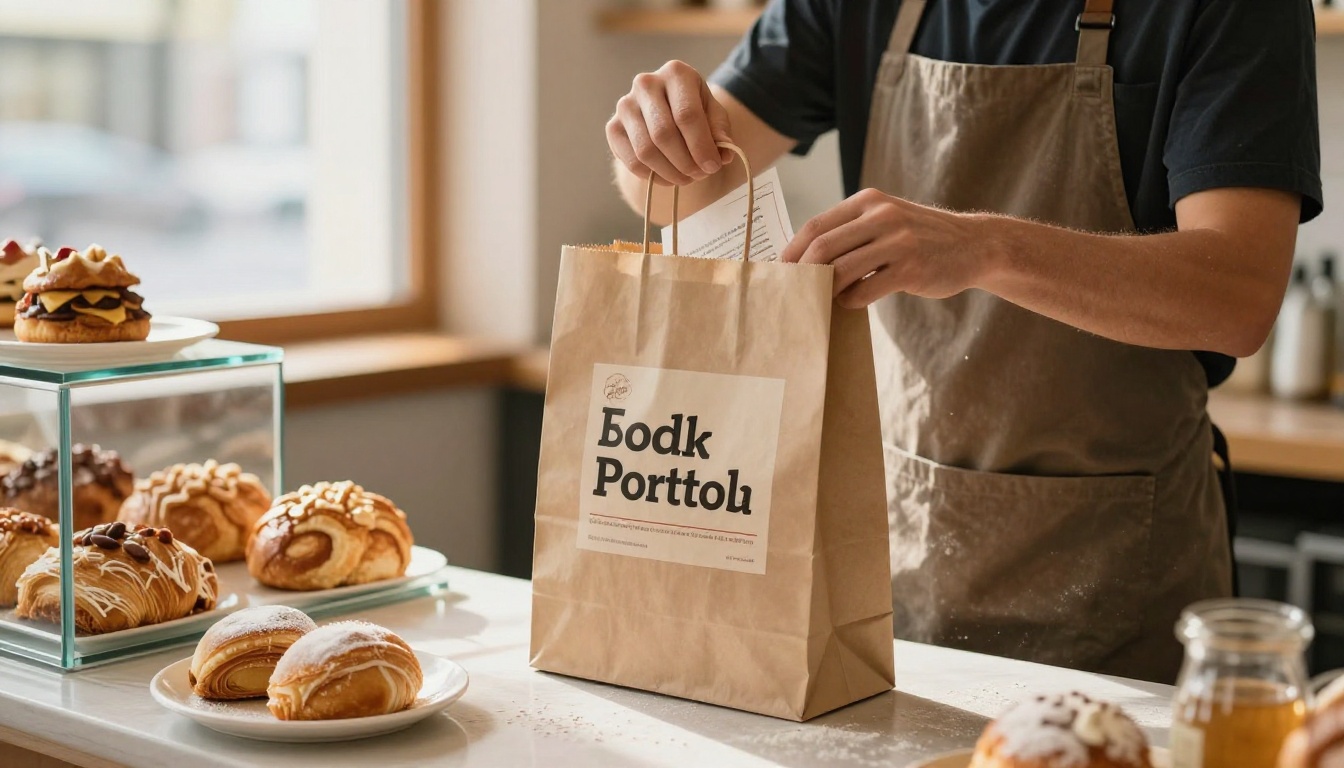 Bakery owner placing a printed flyer into a paper bag at the counter Bakery owner placing a printed flyer into a paper bag at the counter