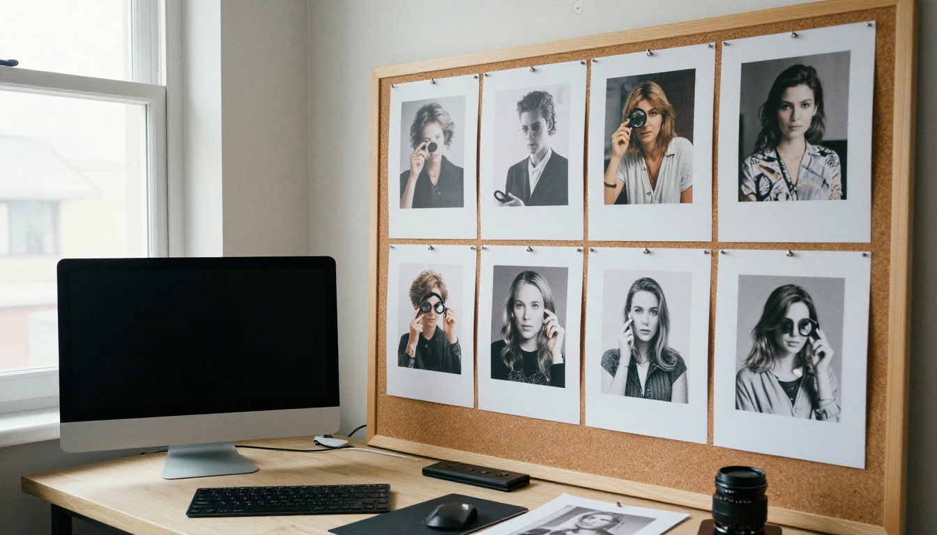 Designer reviewing catalog layout and printed proofs in a studio