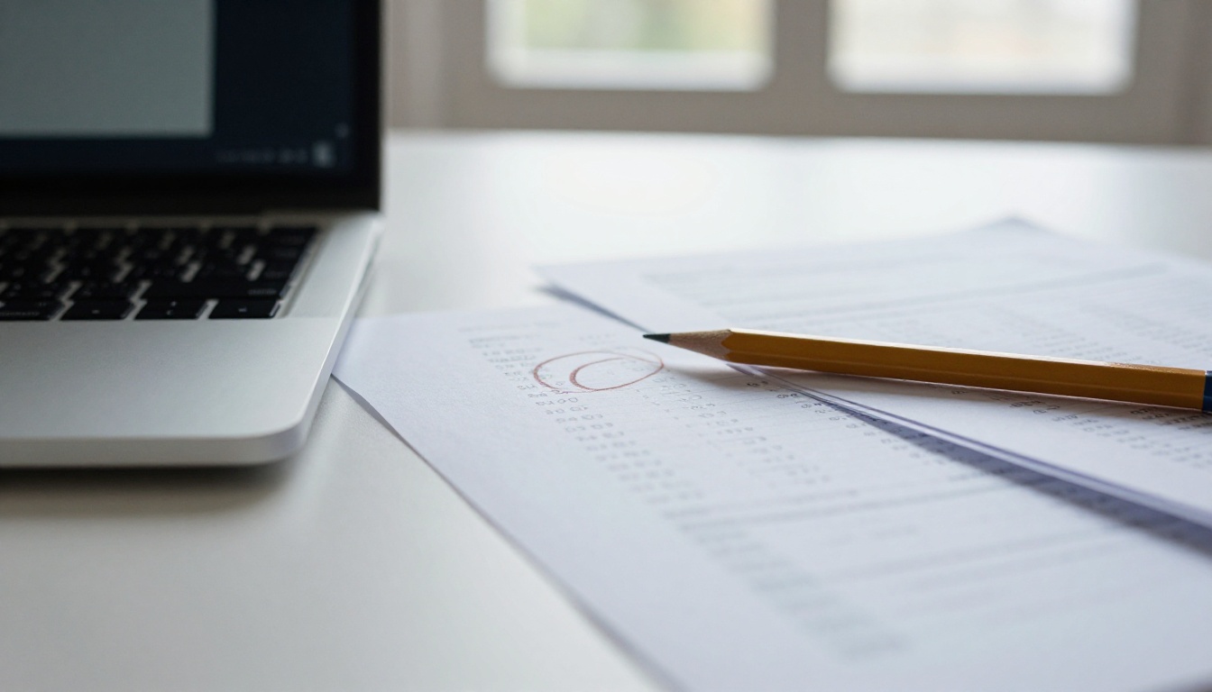 Close-up of a pencil circling a number on a printed report next to a laptop Close-up of a pencil circling a number on a printed report next to a laptop
