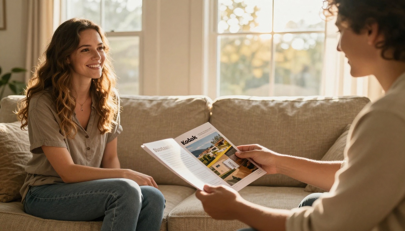 Real estate agent handing a printed property brochure to a couple in a sunny living room Real estate agent handing a printed property brochure to a couple in a sunny living room