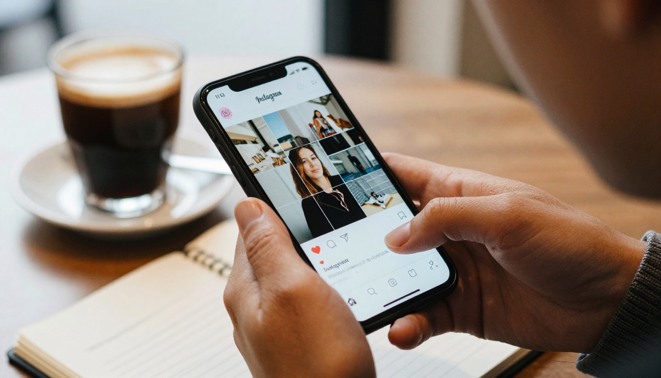 A social media manager swiping through an Instagram carousel on a phone A social media manager swiping through an Instagram carousel on a phone