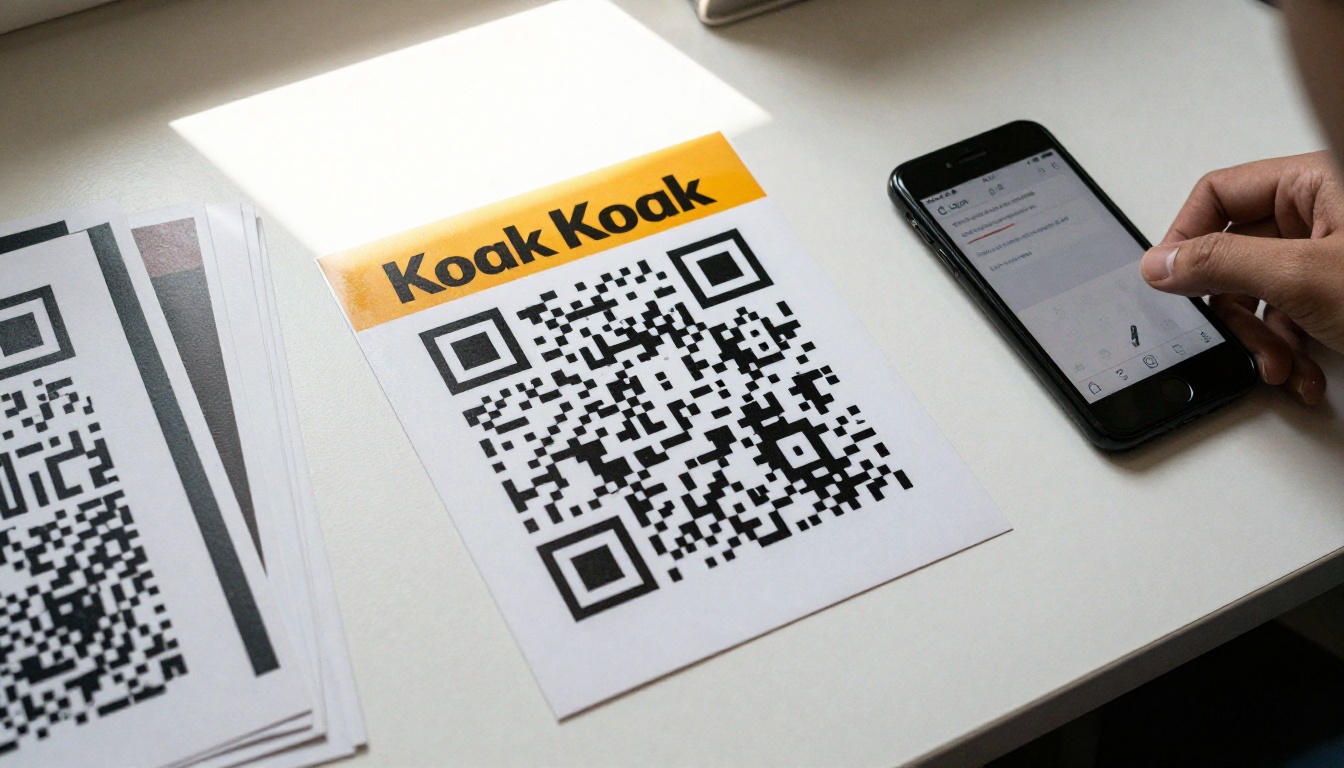 Phone scanning a QR code postcard on a designer's desk surrounded by printed samples Phone scanning a QR code postcard on a designer's desk surrounded by printed samples