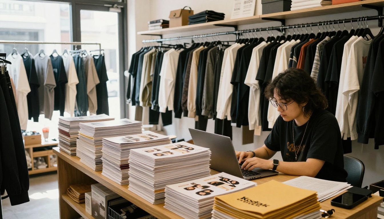 Small boutique owner at a shop counter with a laptop and a stack of printed lookbooks Small boutique owner at a shop counter with a laptop and a stack of printed lookbooks