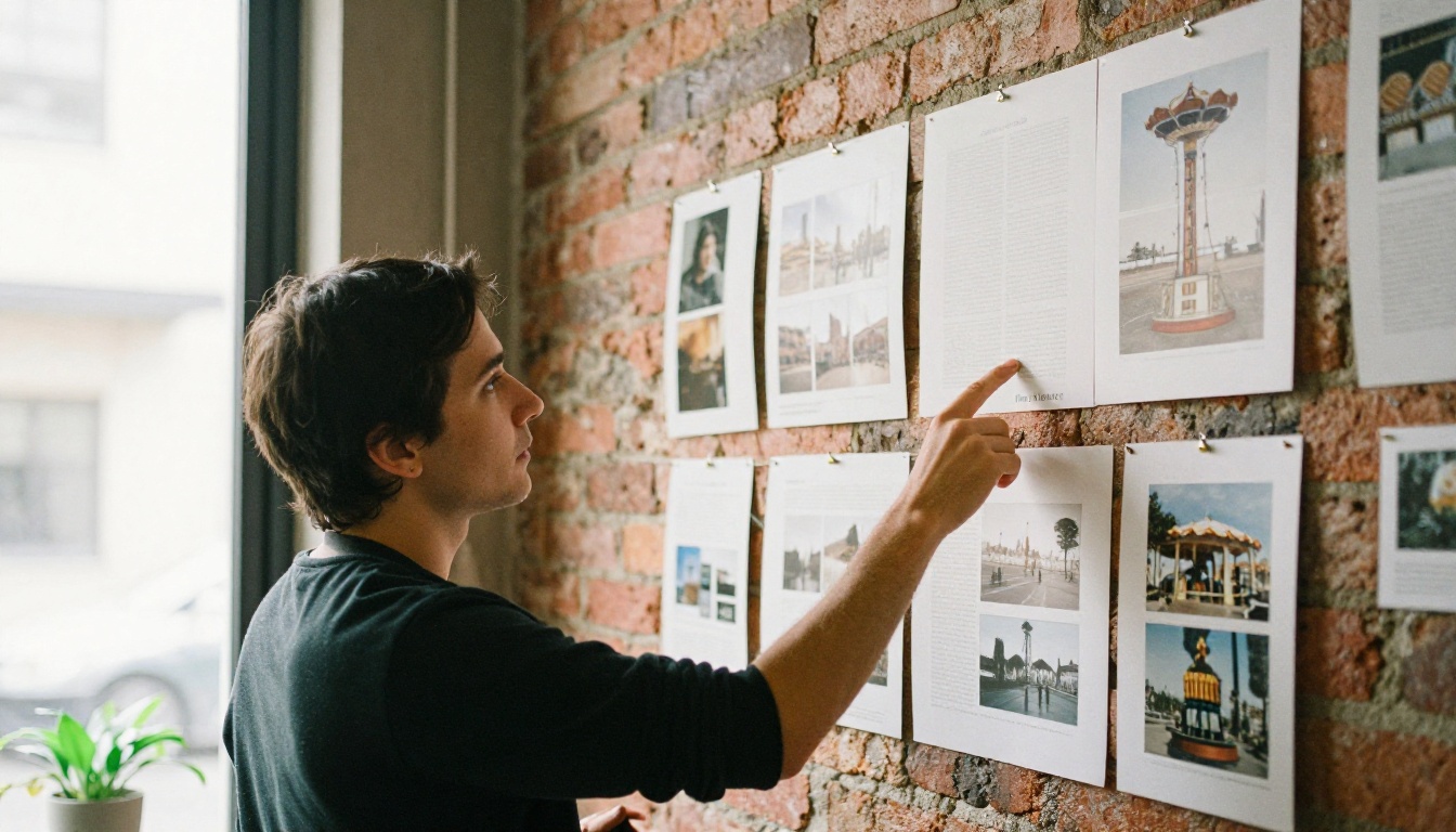 Designers reviewing printed carousel slides pinned to a wall Designers reviewing printed carousel slides pinned to a wall
