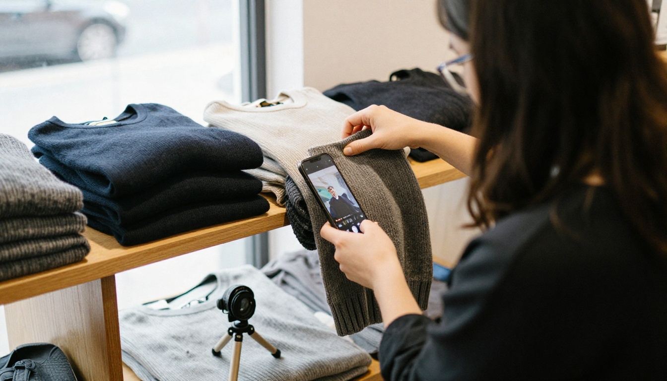 A boutique owner photographing folded sweaters for a post A boutique owner photographing folded sweaters for a post