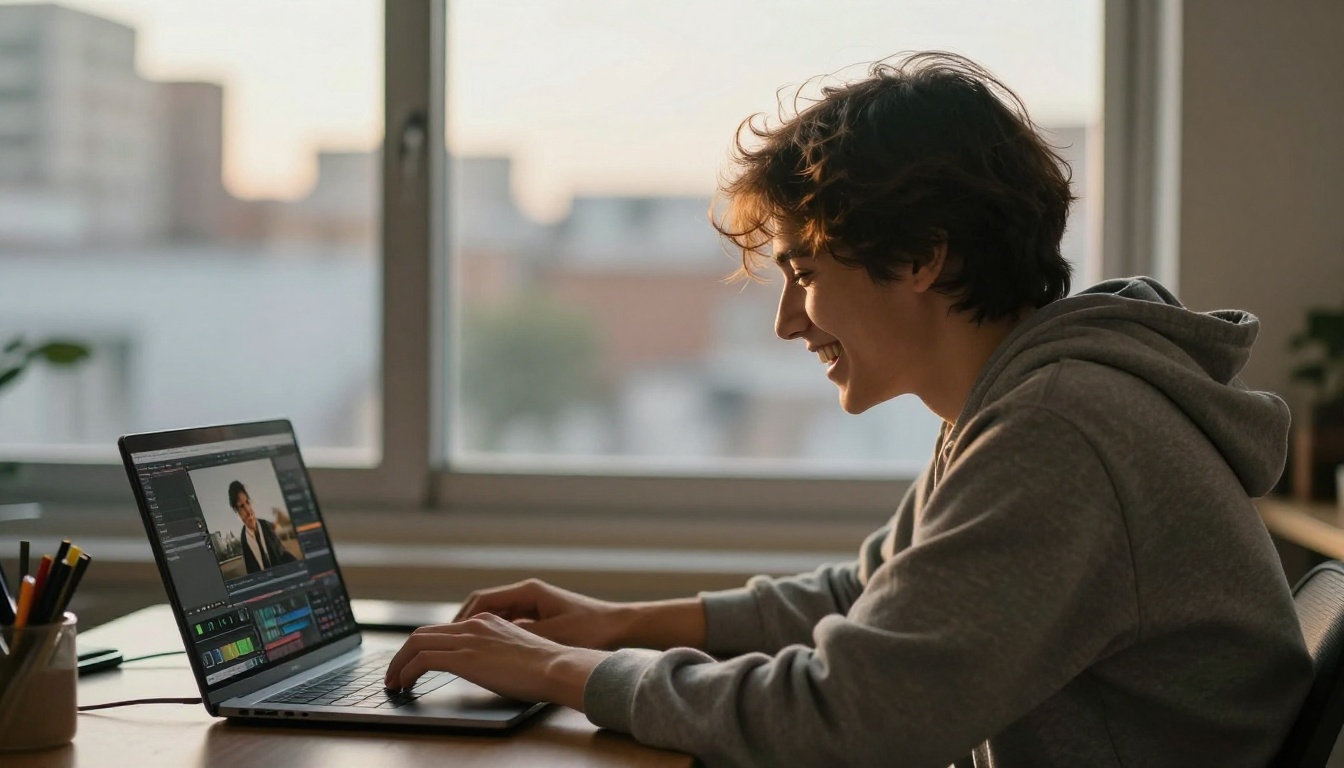 A content creator editing photos on a laptop during golden hour A content creator editing photos on a laptop during golden hour