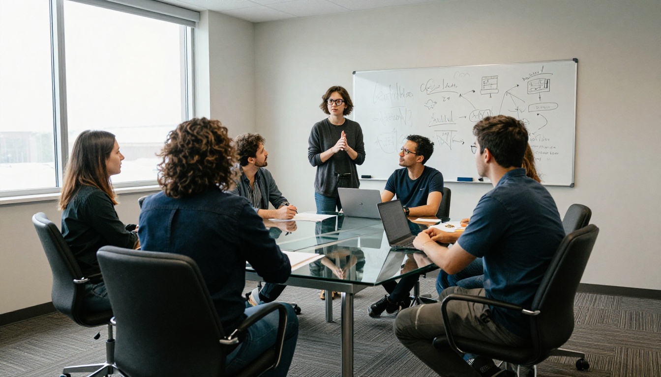 A small team reviewing campaign ideas around a table A small team reviewing campaign ideas around a table