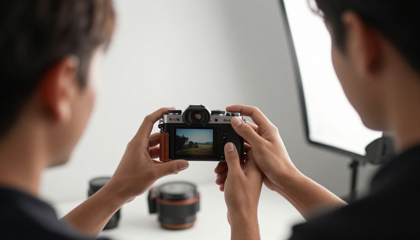 A photographer reviewing a shoot on a camera screen A photographer reviewing a shoot on a camera screen