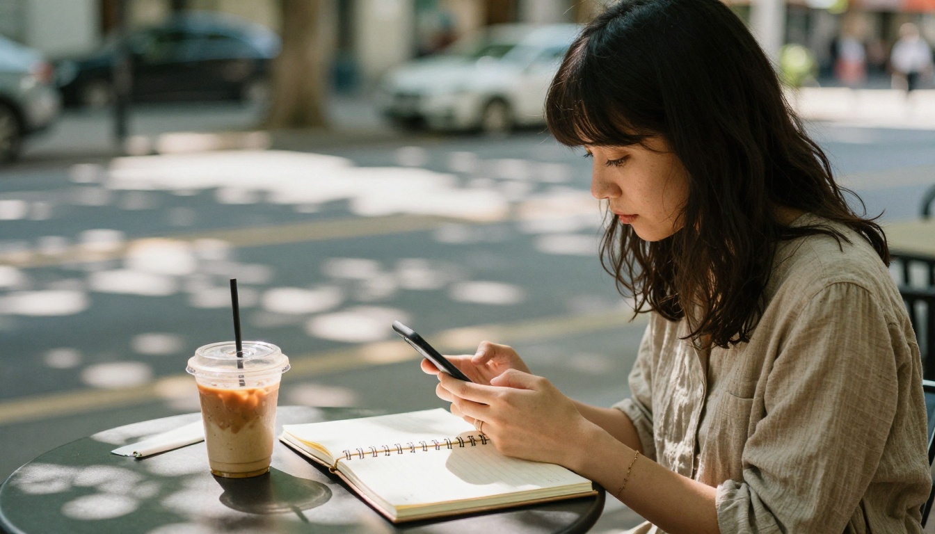 A woman checking her phone at a sunny outdoor cafe table A woman checking her phone at a sunny outdoor cafe table