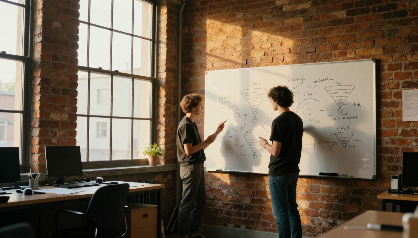 Team standing in front of a whiteboard with funnel sketches