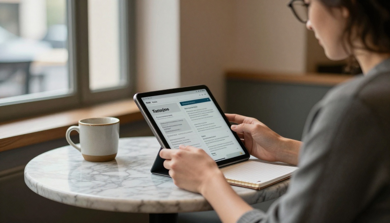 Content strategist reading a digital brochure on a tablet
