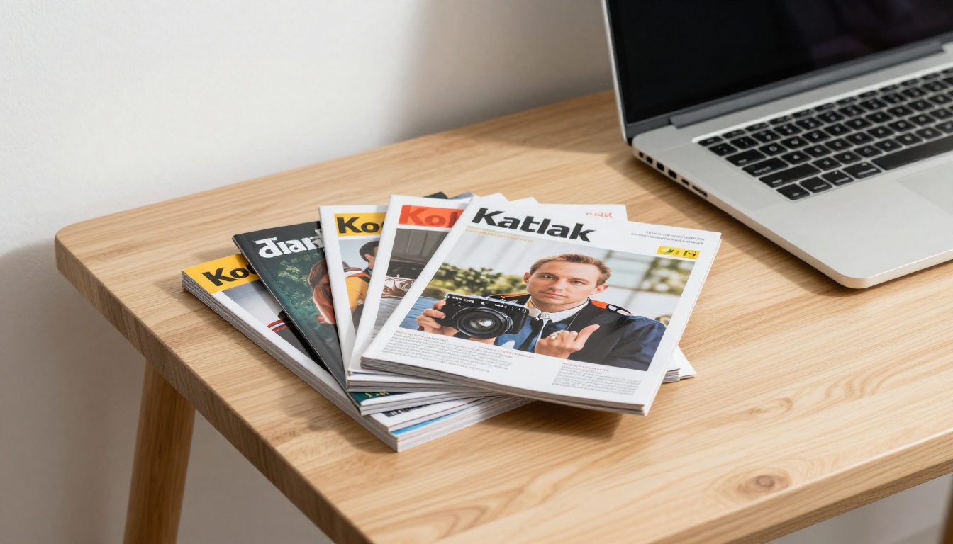 Stack of printed catalogs and magazines beside a laptop
