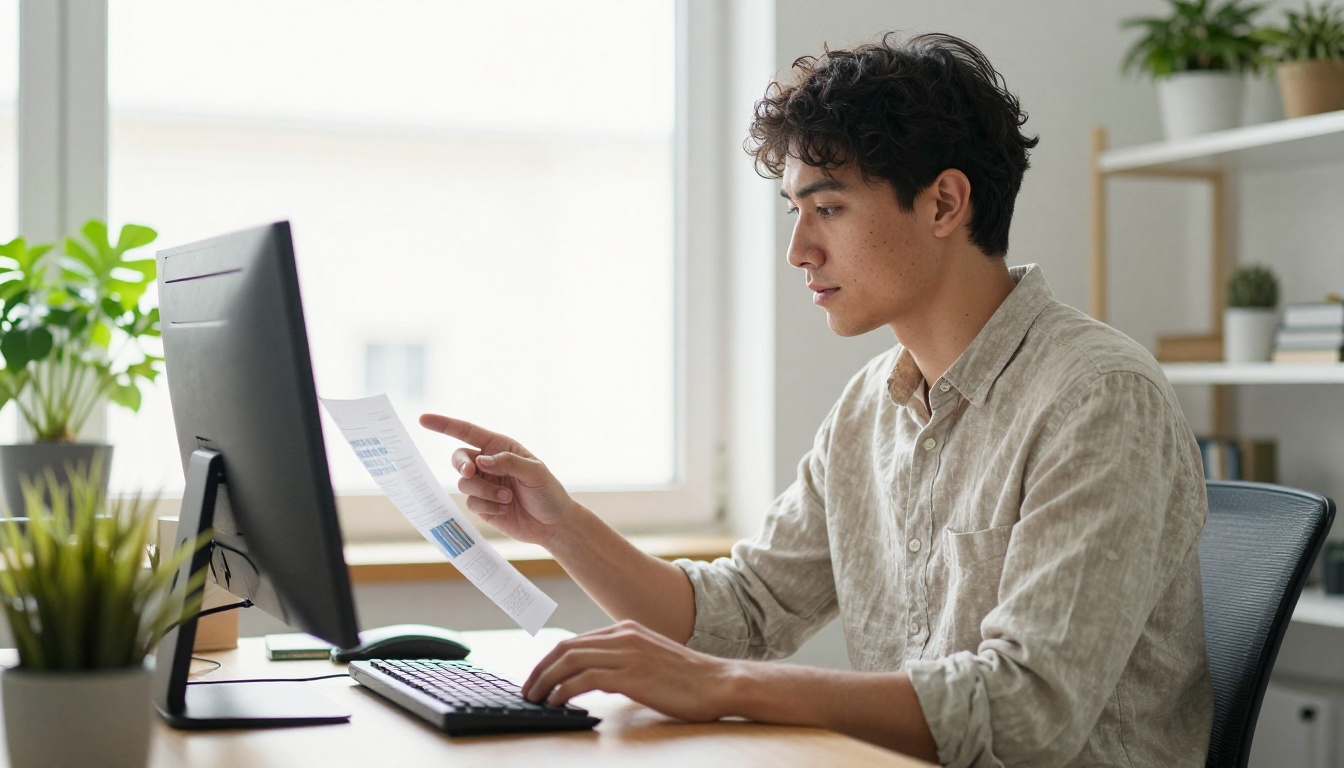 Business owner reviewing a quarterly report at a standing desk