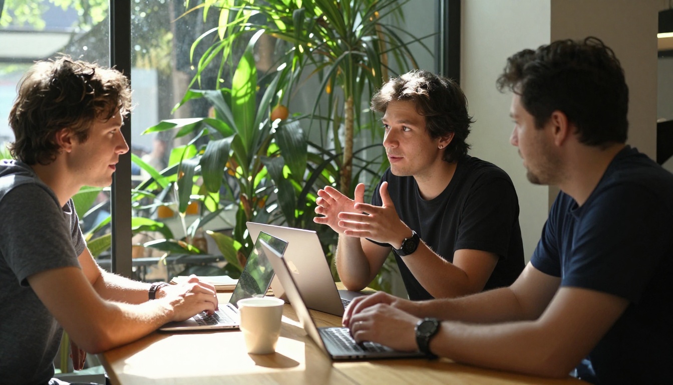 Two colleagues talking over laptops at a communal table