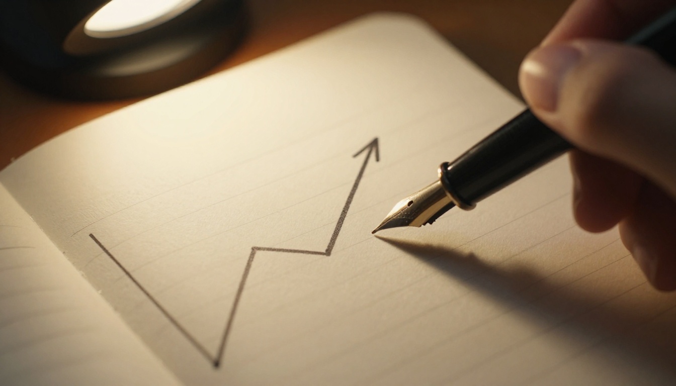 Fountain pen on a notebook with a hand-drawn rising line graph