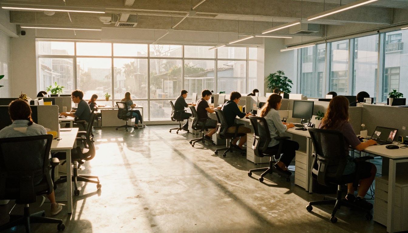 Wide view of an open-plan marketing agency at golden hour