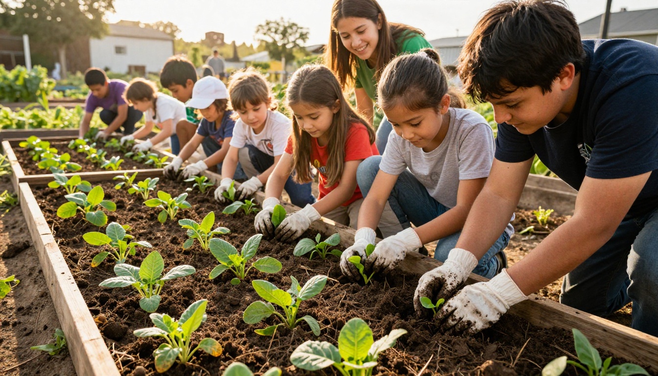 Volunteers and children planting vegetables in a sunny community garden