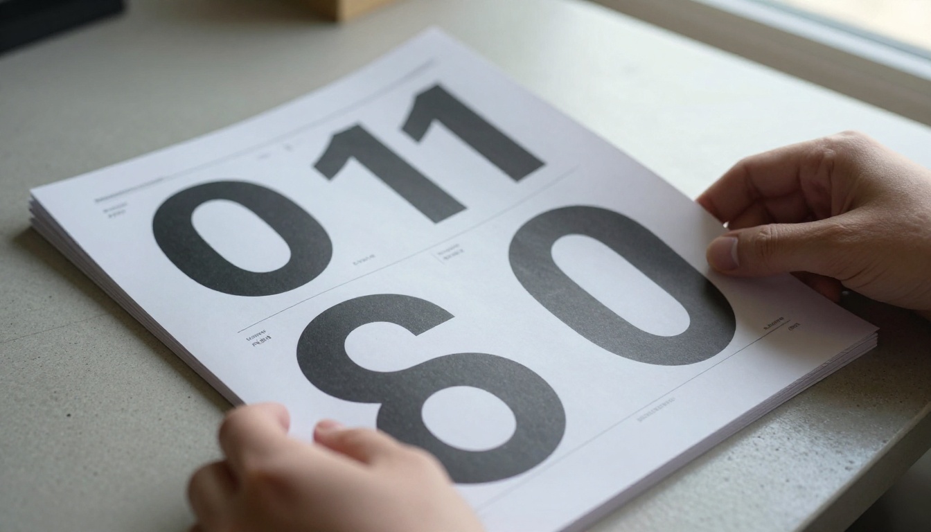 A designer reviewing printed annual report spreads on a wooden desk