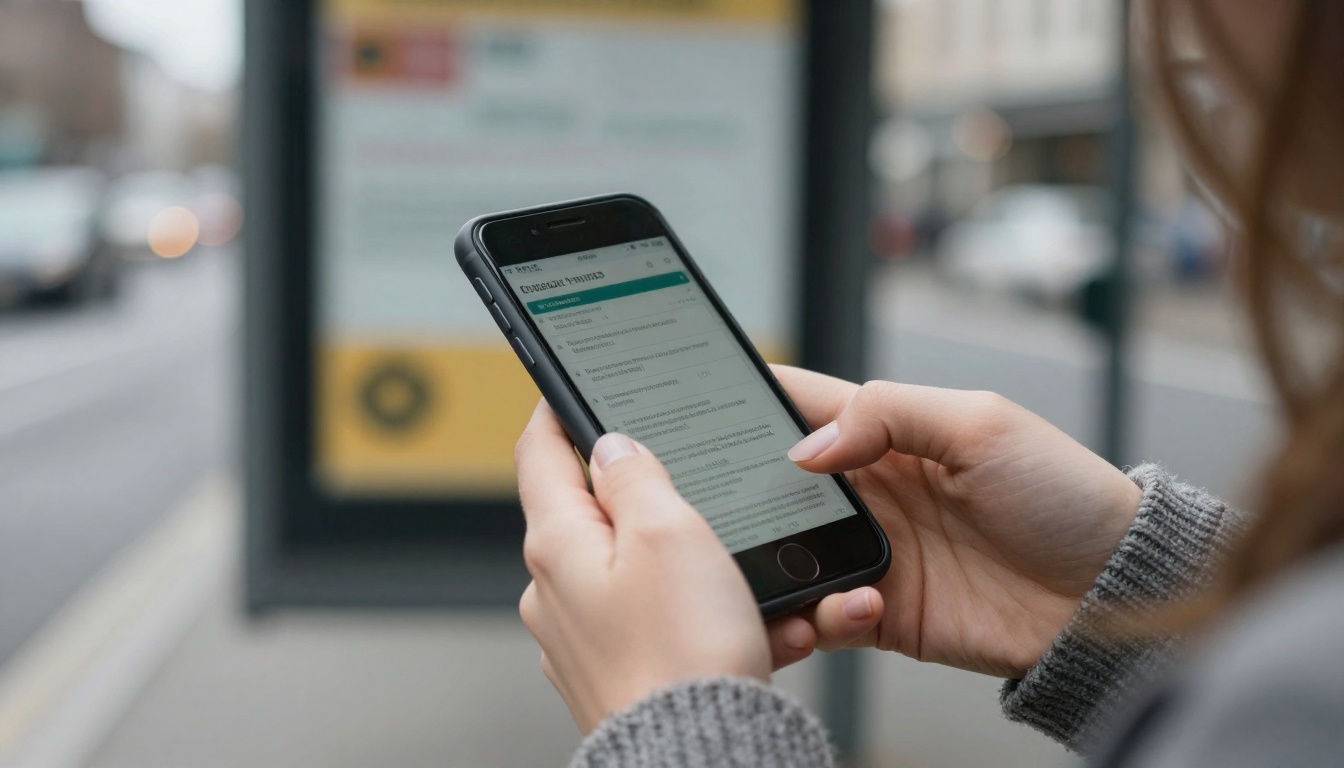 A smartphone showing a digital report held at a city bus stop