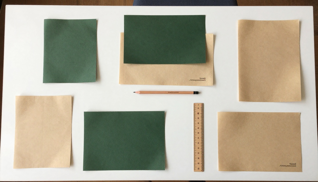 Top-down view of report spreads in earthy green and sand tones