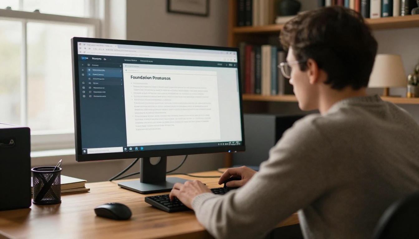 A foundation program officer reading a digital annual report at a home office desk
