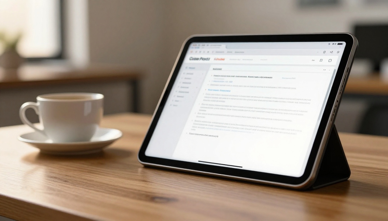 A tablet displaying a clean digital report page on a wooden desk