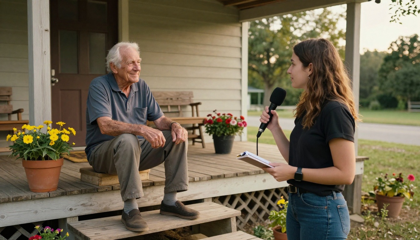A young interviewer recording a community member's story on a wooden porch