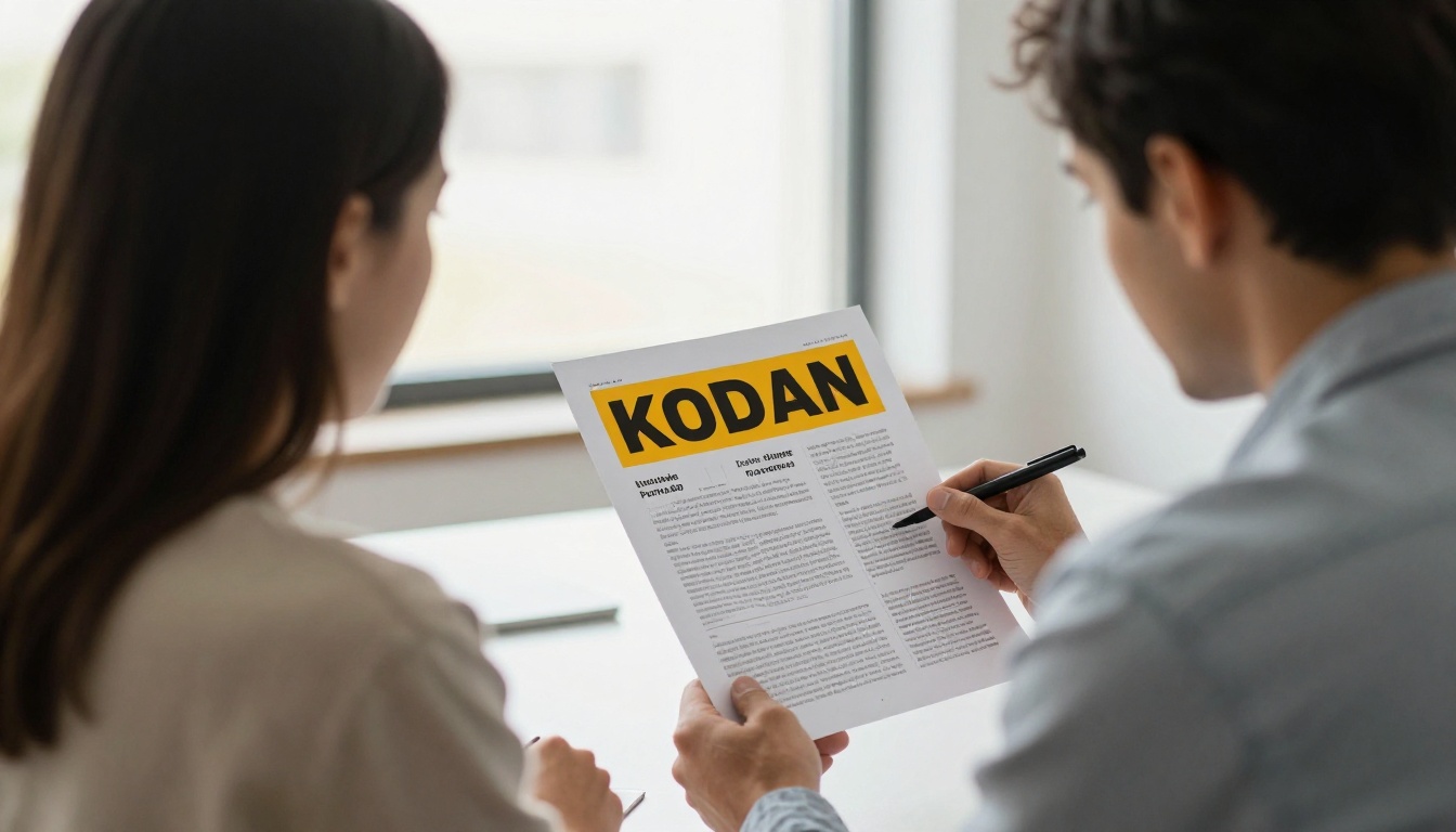 Two colleagues reviewing a report mockup in a bright meeting room